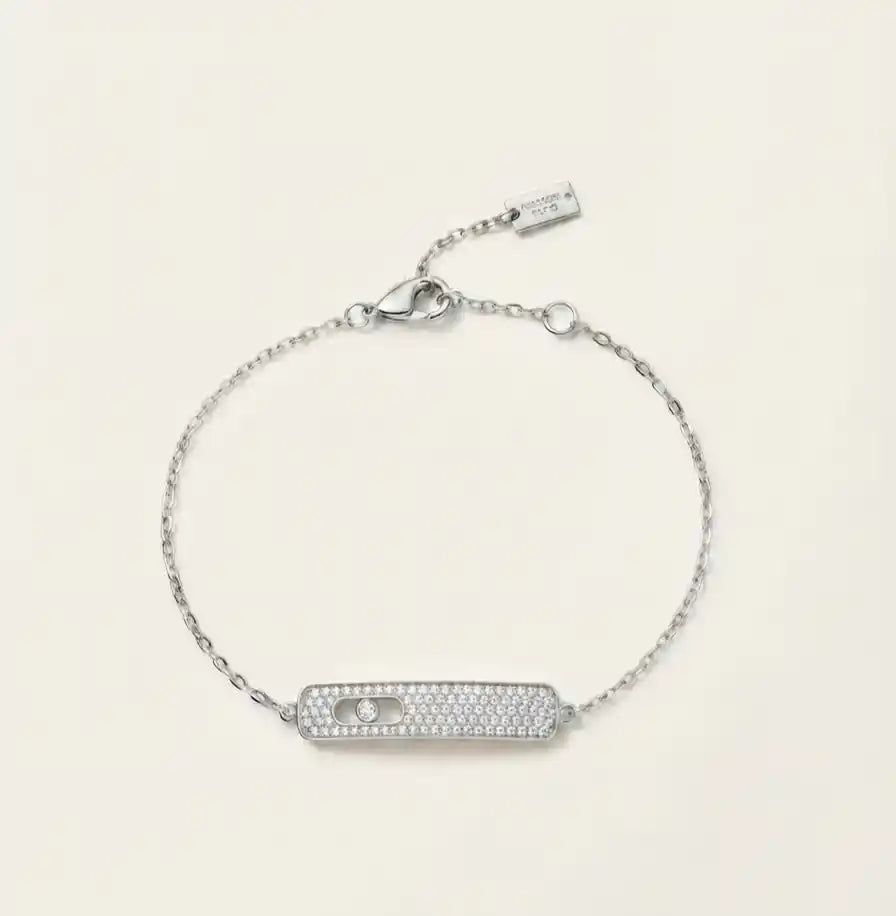 Alphabet MSK Platinum Plated CZ Pave Sliding Stone Bar Bracelet