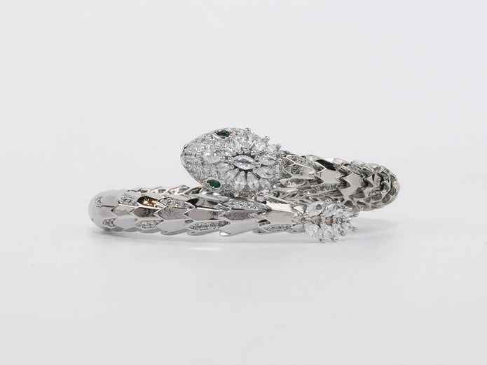 Platinum Snake head cz bracelet with emerald detailing