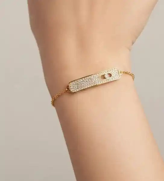 Alphabet MSK Gold Plated CZ Pave Sliding Stone Bar Bracelet