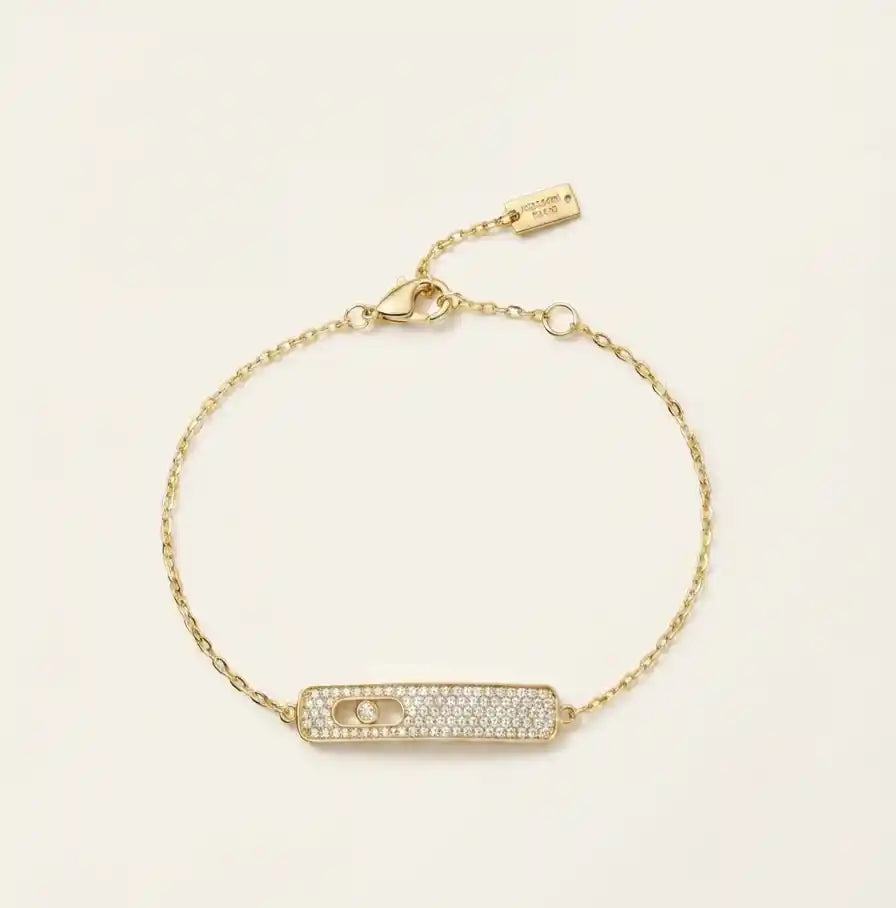 Alphabet MSK Gold Plated CZ Pave Sliding Stone Bar Bracelet