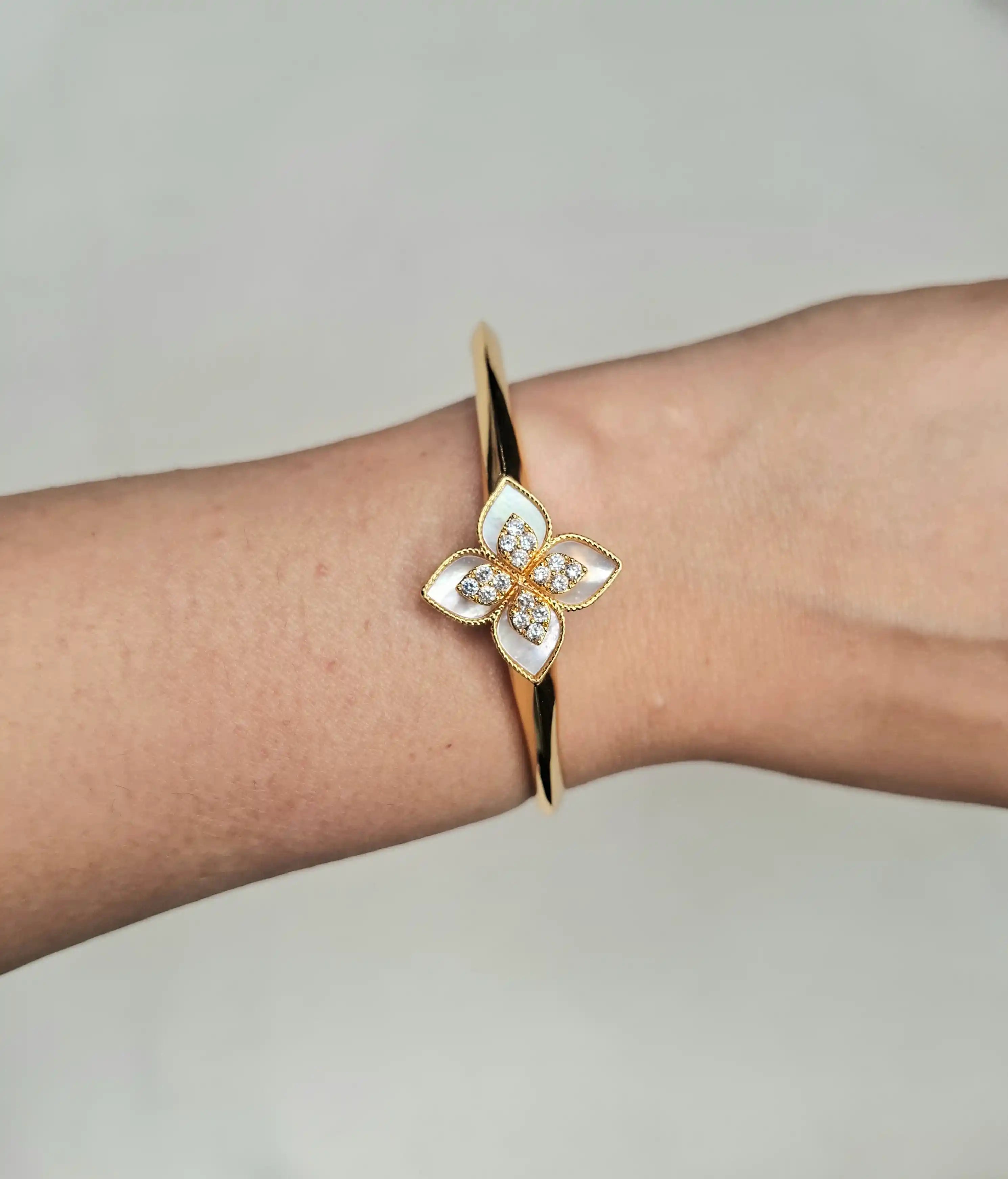 Alphabet RC White Floral Gold-Tone Bracelet with Sparkling CZ Detailing