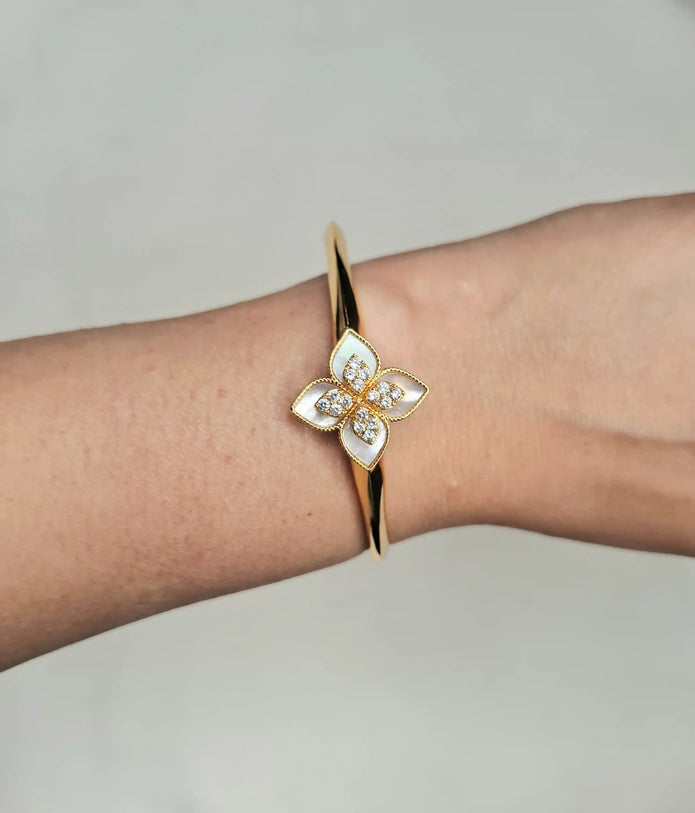 Alphabet RC White Floral Gold-Tone Bracelet with Sparkling CZ Detailing