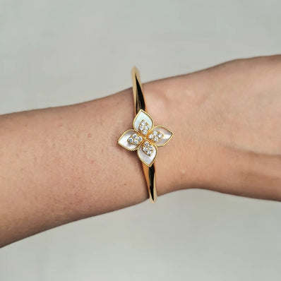 Alphabet RC White Floral Gold-Tone Bracelet with Sparkling CZ Detailing