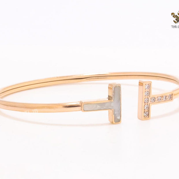 Alphabet T Half MOP and CZ rose gold sleek bracelet