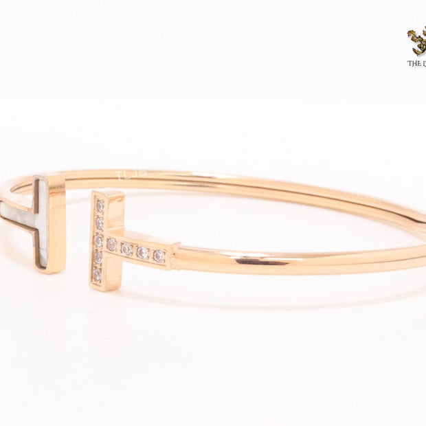 Alphabet T Half MOP and CZ rose gold sleek bracelet