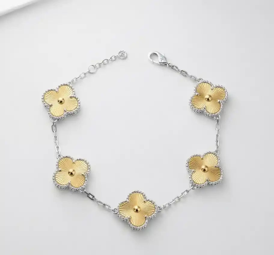 Alphabet VC Platinum Plated & Gold Textured Clover Station Bracelet