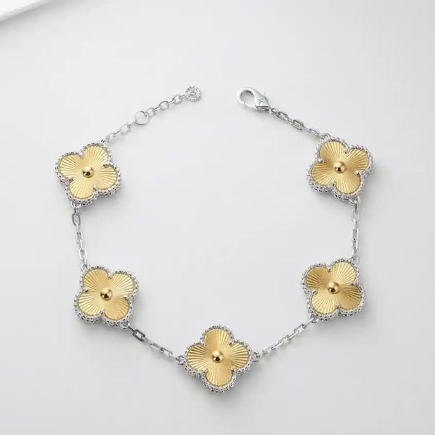 Alphabet VC Platinum Plated & Gold Textured Clover Station Bracelet