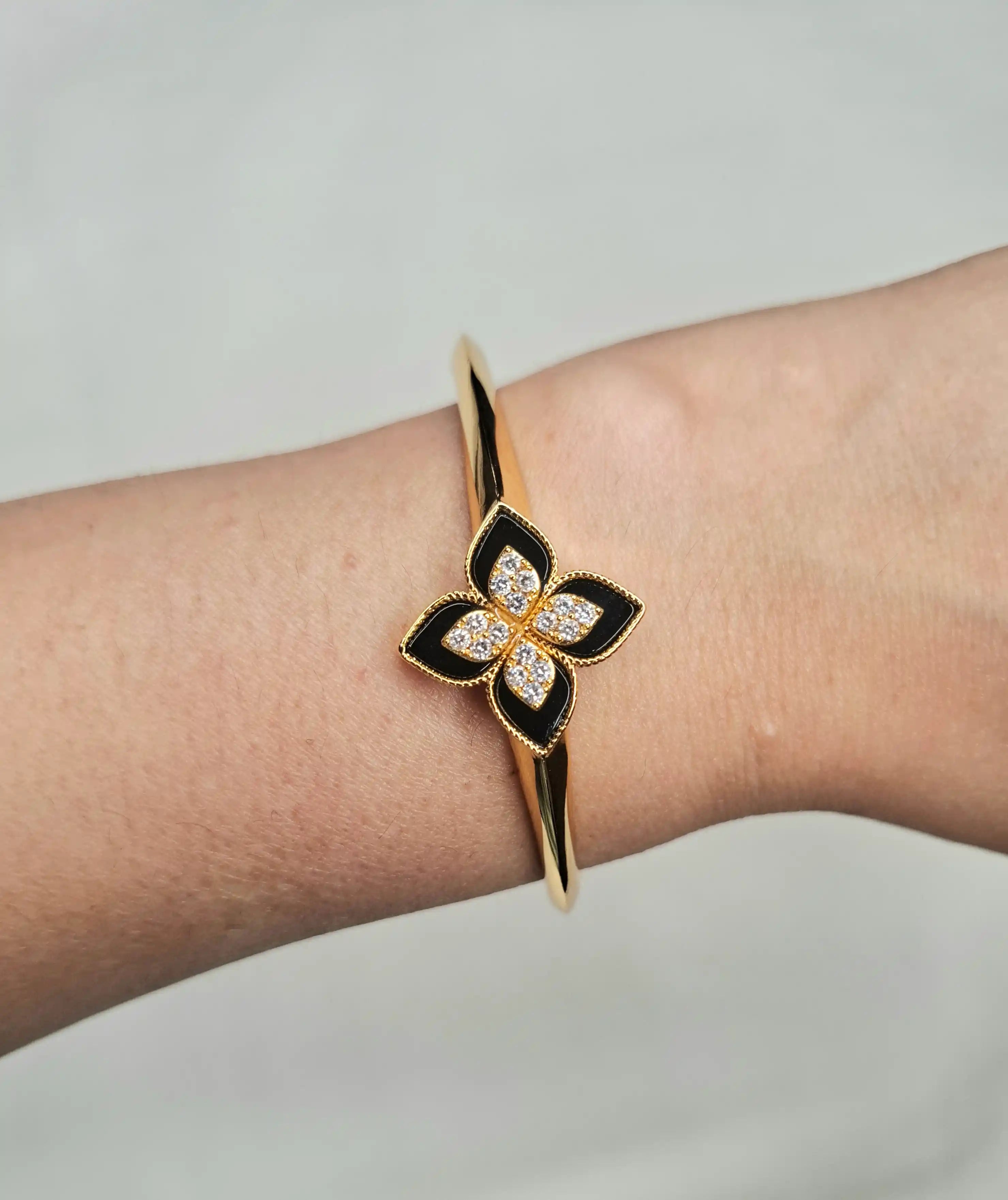 Alphabet RC Black Floral Gold-Tone Bracelet with Sparkling CZ Detailing