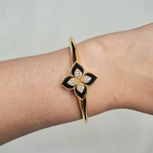 Alphabet RC Black Floral Gold-Tone Bracelet with Sparkling CZ Detailing