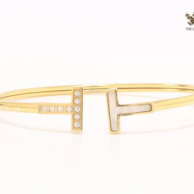 Alphabet T Half MOP and CZ gold sleek bracelet