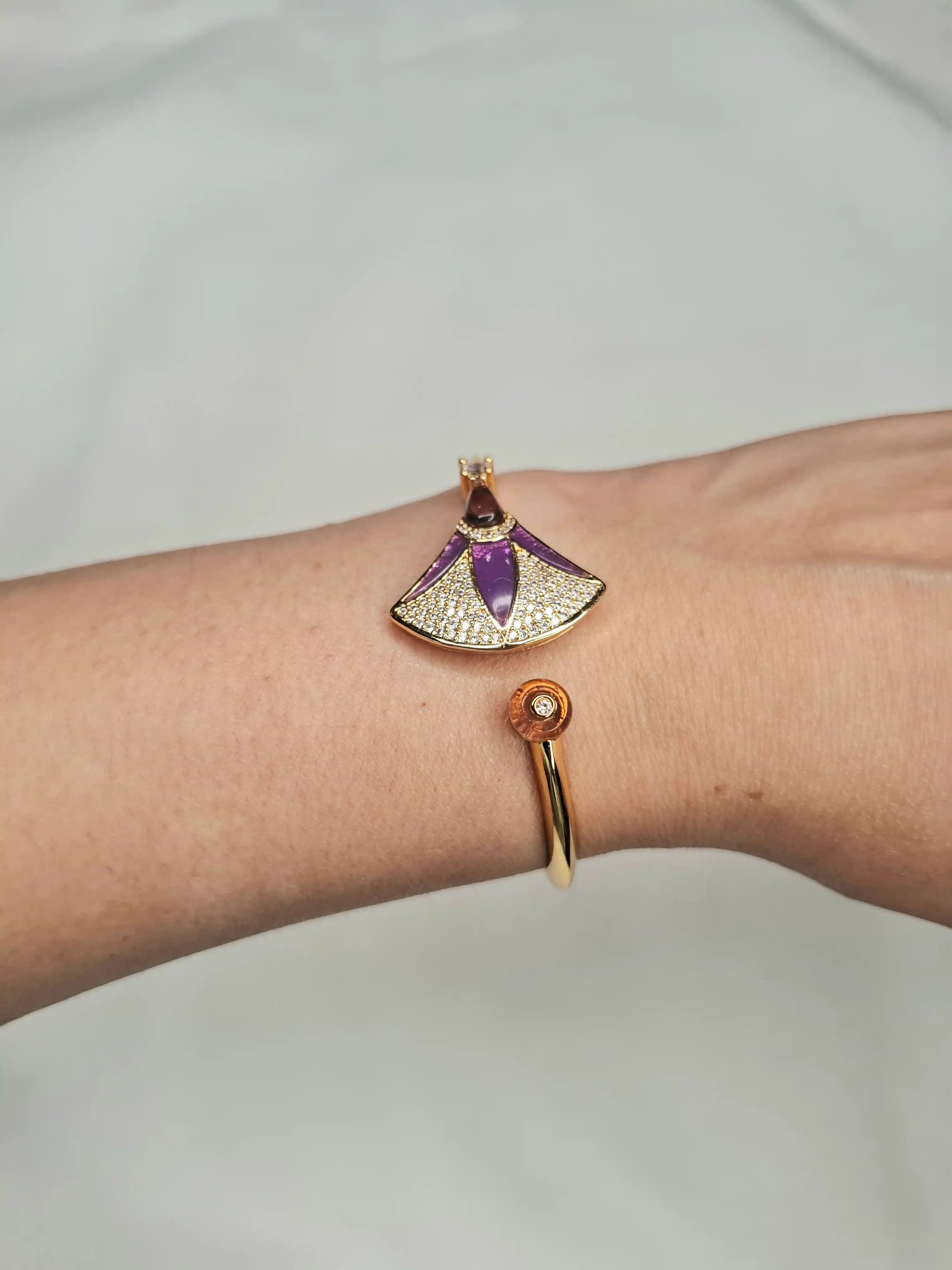 Alphabet BVL Purple Fan Motif Gold-Tone Bracelet with Sparkling CZ Accents