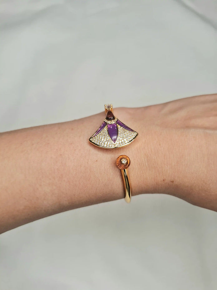 Alphabet BVL Purple Fan Motif Gold-Tone Bracelet with Sparkling CZ Accents
