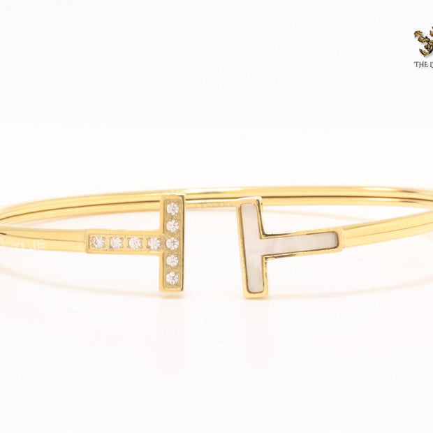 Alphabet T Half MOP and CZ gold sleek bracelet