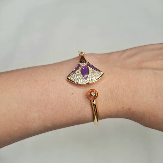 Alphabet BVL Purple Fan Motif Gold-Tone Bracelet with Sparkling CZ Accents