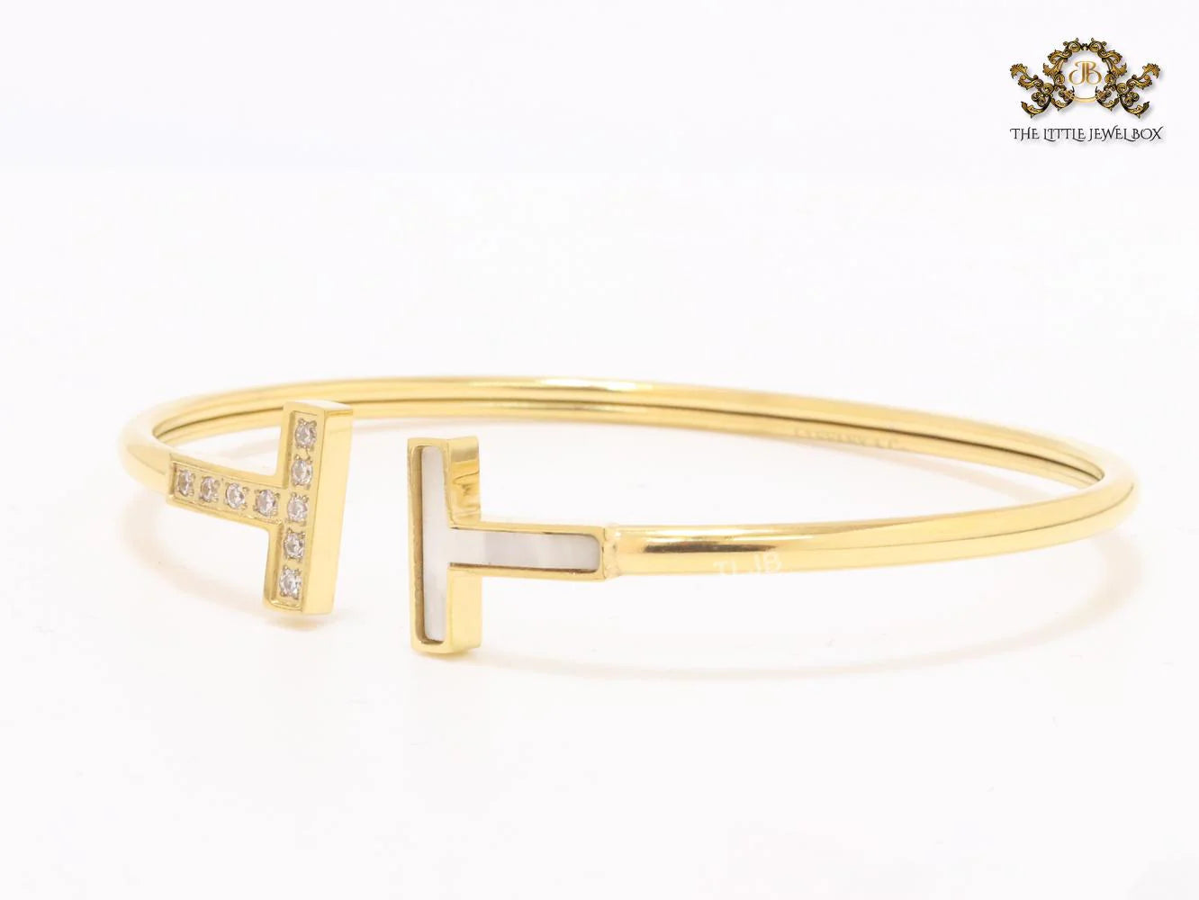 Alphabet T Half MOP and CZ gold sleek bracelet
