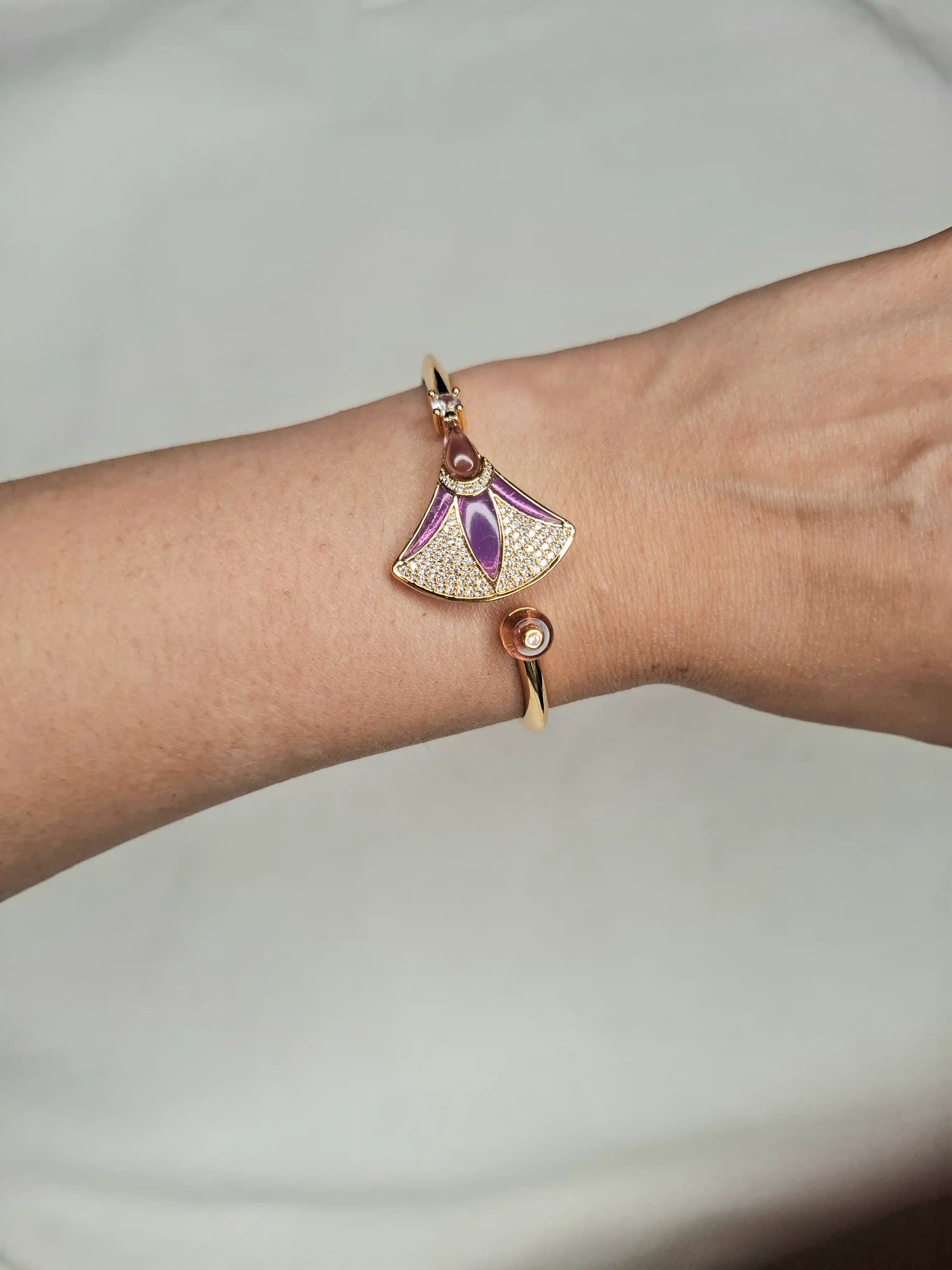 Alphabet BVL Purple Fan Motif Gold-Tone Bracelet with Sparkling CZ Accents