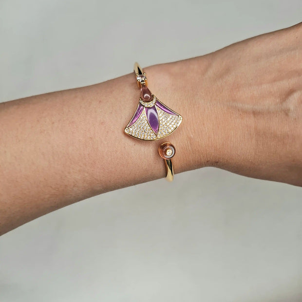 Alphabet BVL Purple Fan Motif Gold-Tone Bracelet with Sparkling CZ Accents
