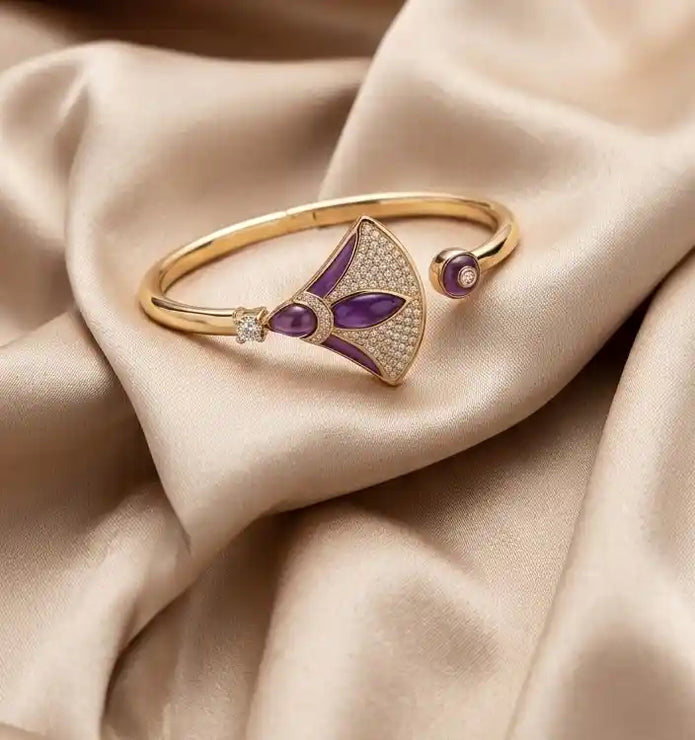 Alphabet BVL Purple Fan Motif Gold-Tone Bracelet with Sparkling CZ Accents