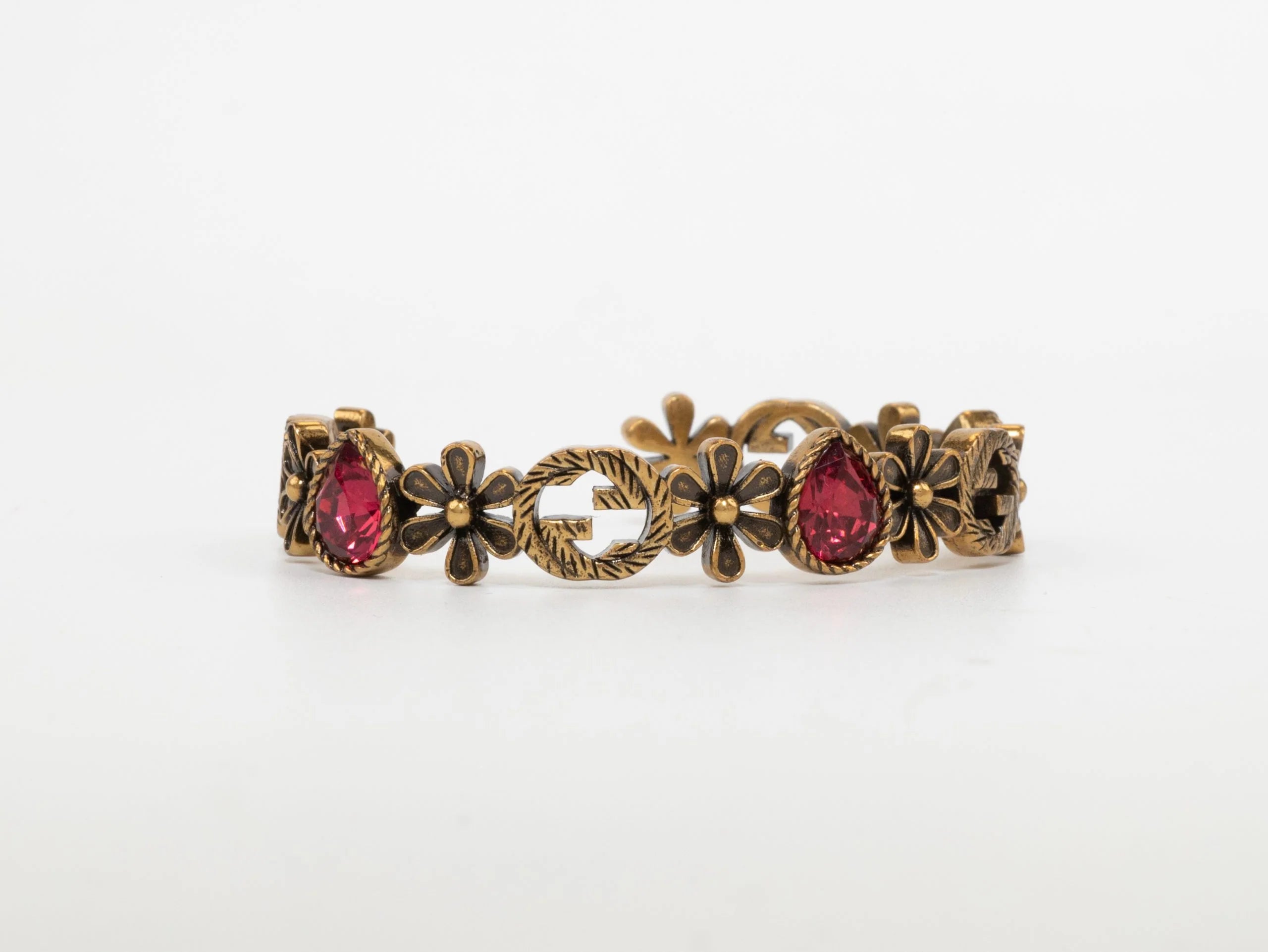 Rustic copper Double G and flowers hard bracelet with ruby