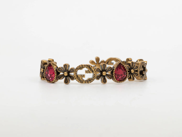 Rustic copper Double G and flowers hard bracelet with ruby