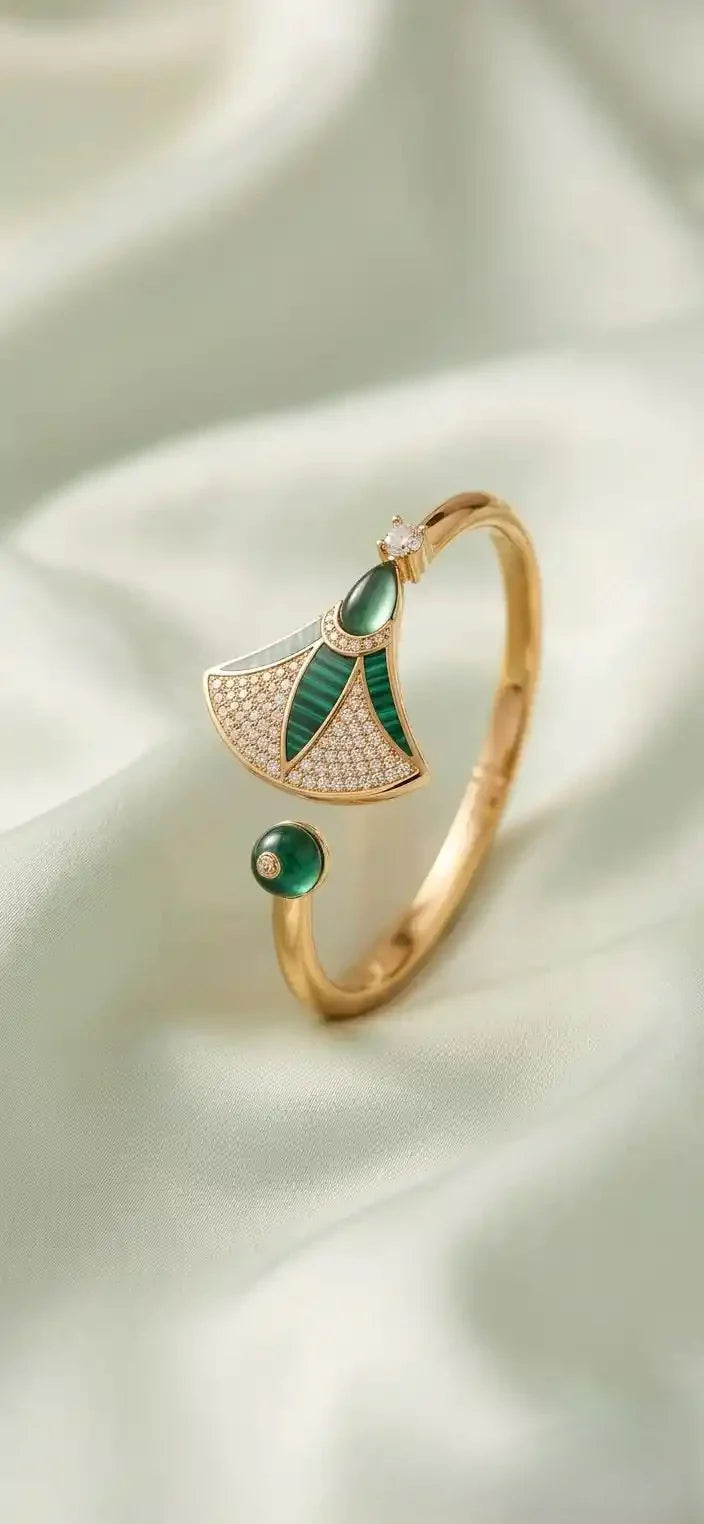 Alphabet BVL Green Fan Motif Gold-Tone Bracelet with Sparkling CZ Accents