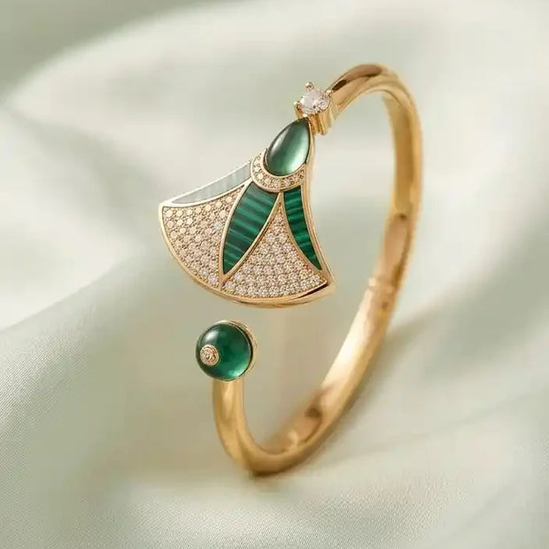 Alphabet BVL Green Fan Motif Gold-Tone Bracelet with Sparkling CZ Accents