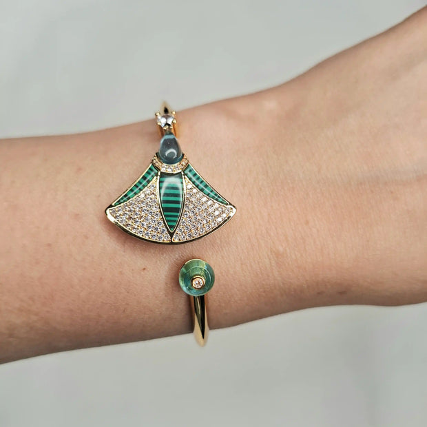 Alphabet BVL Green Fan Motif Gold-Tone Bracelet with Sparkling CZ Accents