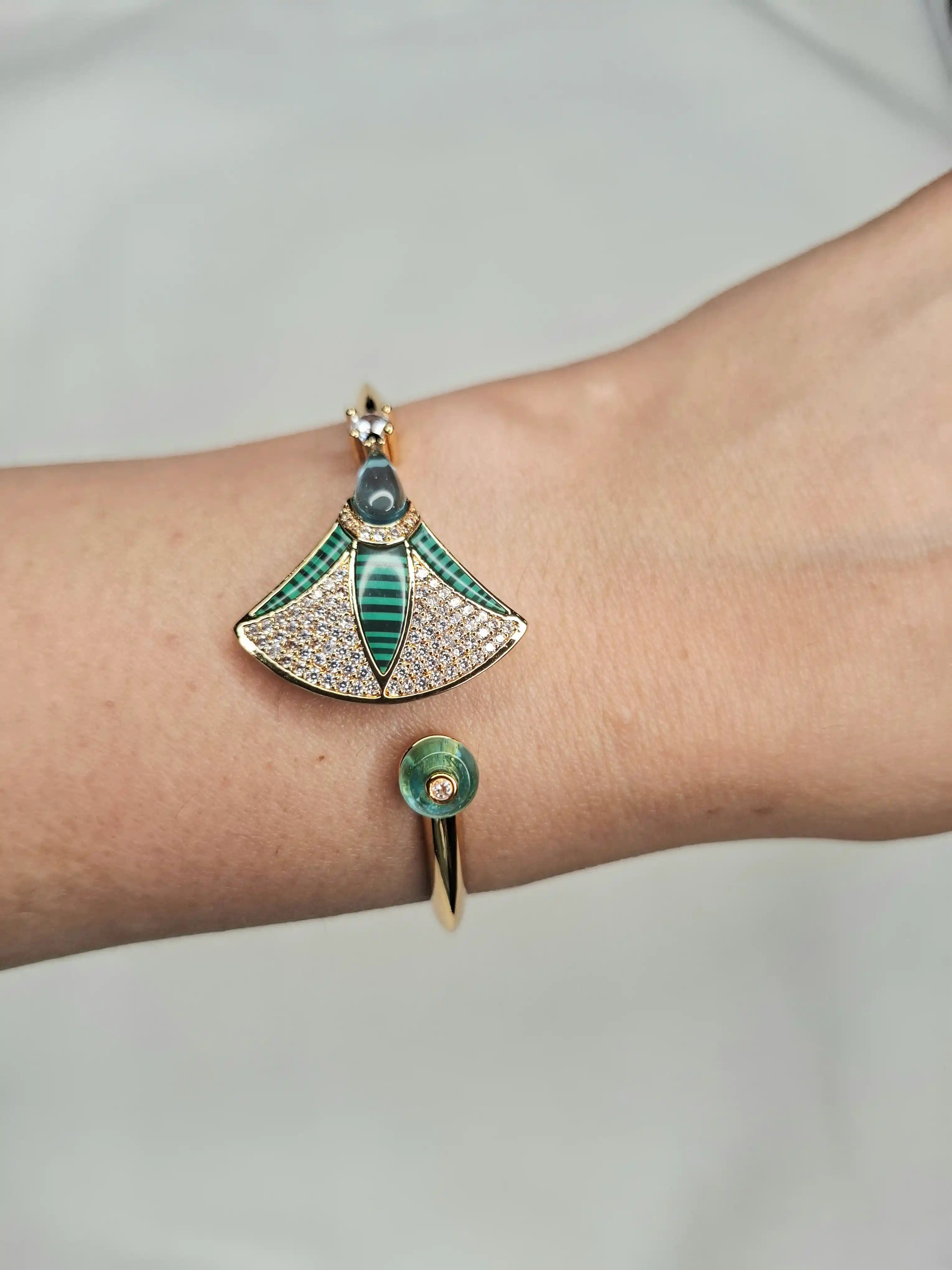 Alphabet BVL Green Fan Motif Gold-Tone Bracelet with Sparkling CZ Accents