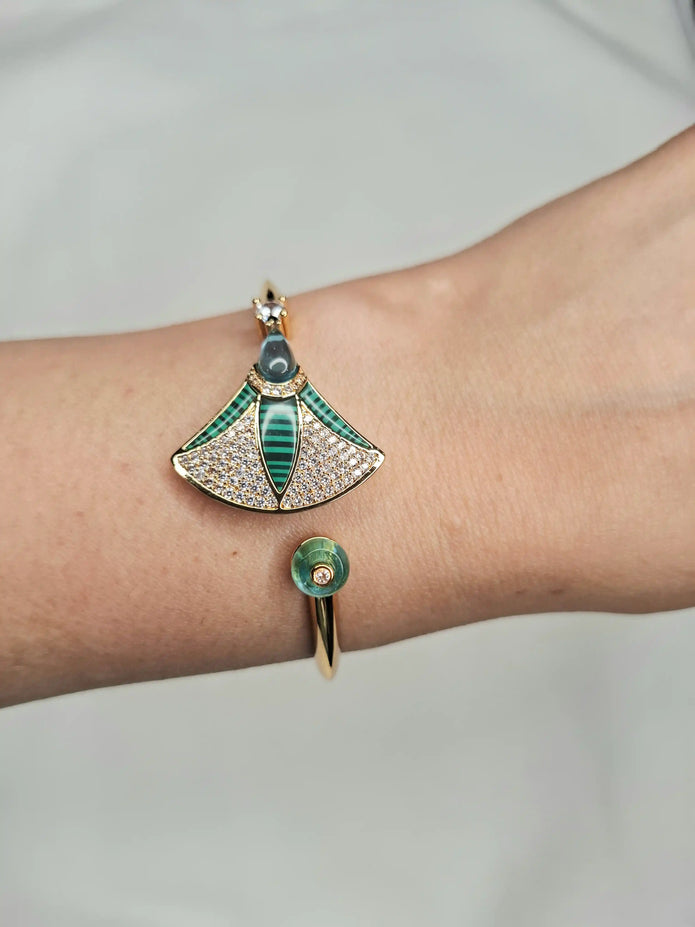 Alphabet BVL Green Fan Motif Gold-Tone Bracelet with Sparkling CZ Accents
