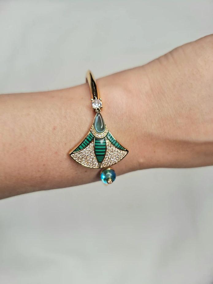 Alphabet BVL Green Fan Motif Gold-Tone Bracelet with Sparkling CZ Accents