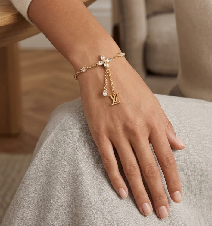 Gold Plated Alphabet LV Charm Bracelet with CZ Accents