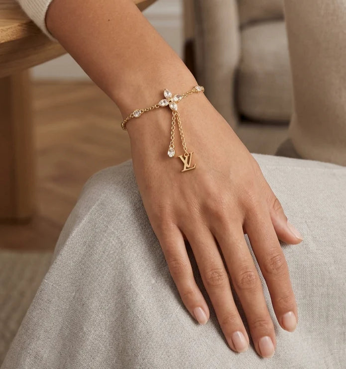 Gold Plated Alphabet LV Charm Bracelet with CZ Accents