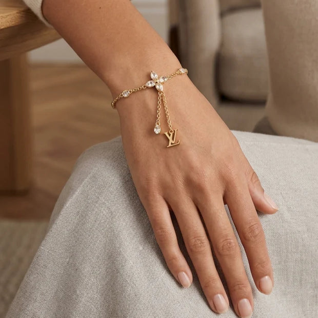 Gold Plated Alphabet LV Charm Bracelet with CZ Accents