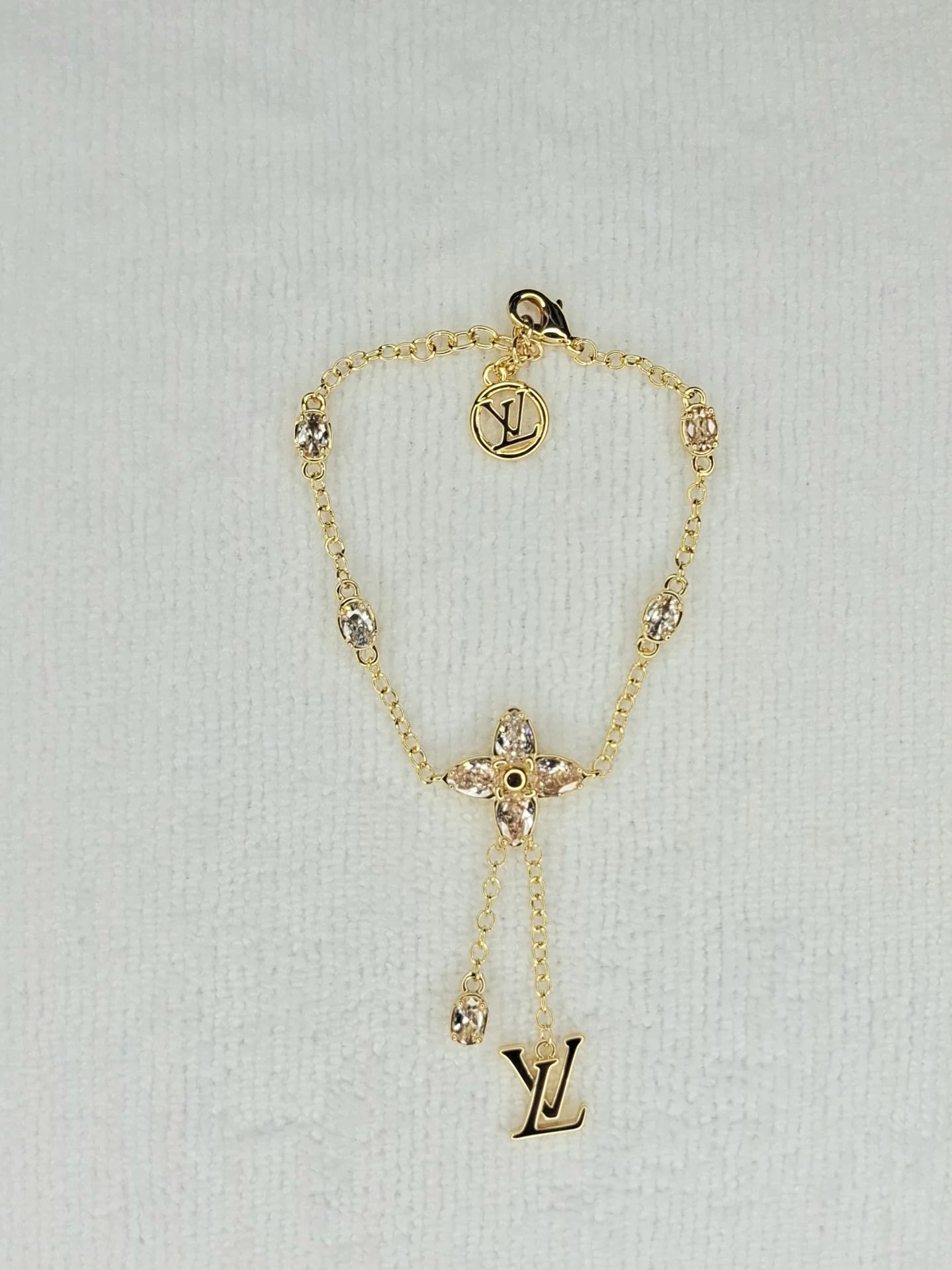 Gold Plated Alphabet LV Charm Bracelet with CZ Accents