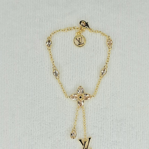 Gold Plated Alphabet LV Charm Bracelet with CZ Accents