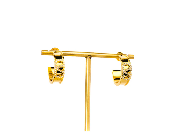 Gold Alphabet V CZ Hoop Earrings