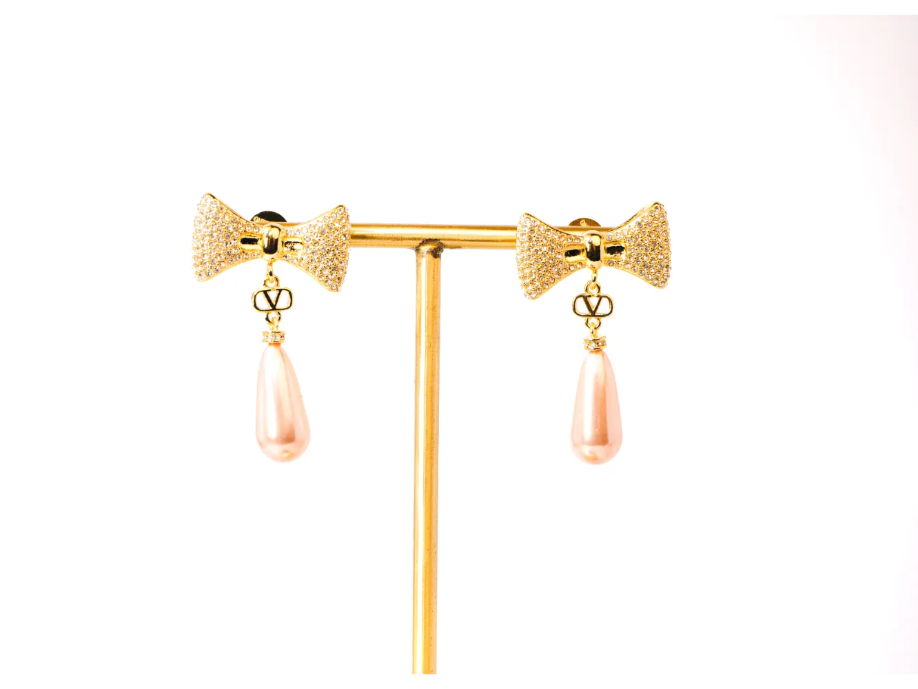 Gold Bow Alphabet V Drop Earrings with Pink Pearl