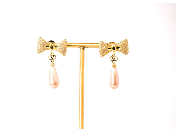 Gold Bow Alphabet V Drop Earrings with Pink Pearl