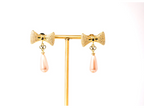 Gold Bow Alphabet V Drop Earrings with Pink Pearl