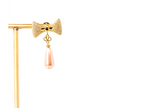 Gold Bow Alphabet V Drop Earrings with Pink Pearl