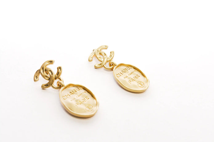 Gold double C Logo Drop Earrings with Paris Charm
