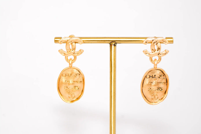 Gold double C Logo Drop Earrings with Paris Charm