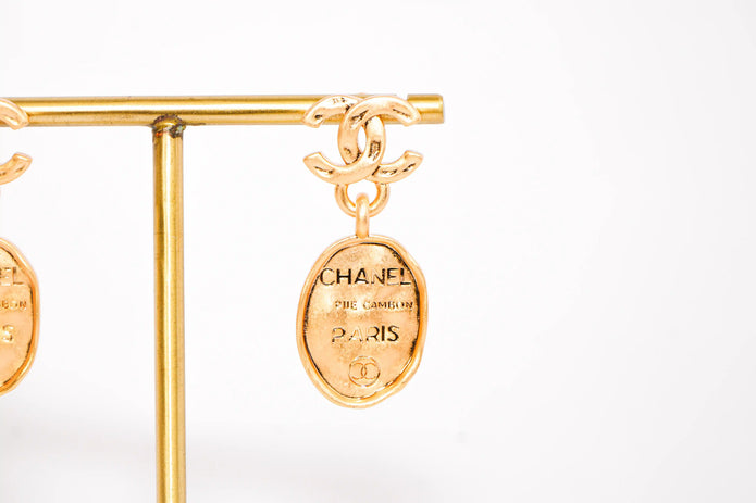 Gold double C Logo Drop Earrings with Paris Charm