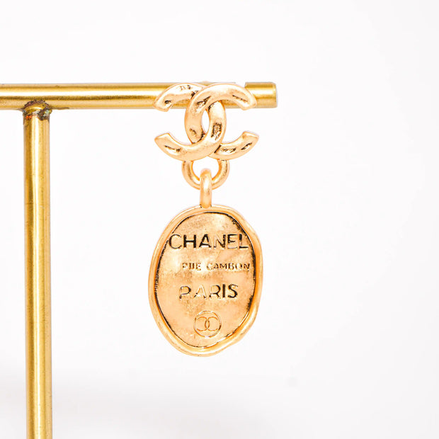 Gold double C Logo Drop Earrings with Paris Charm