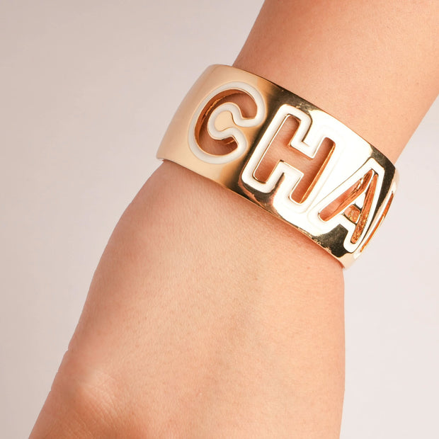 Alphabet C Broad Cuff Bracelet with White Enamel Gold Plating | Designer Fashion Bangle