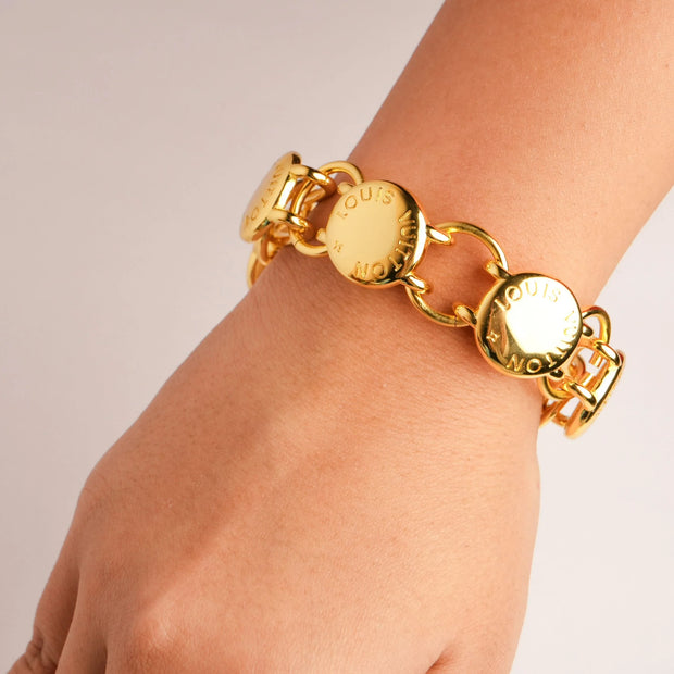 Alphabet L V Chunky Gold Round Button Bracelet | Bold Fashion Jewelry