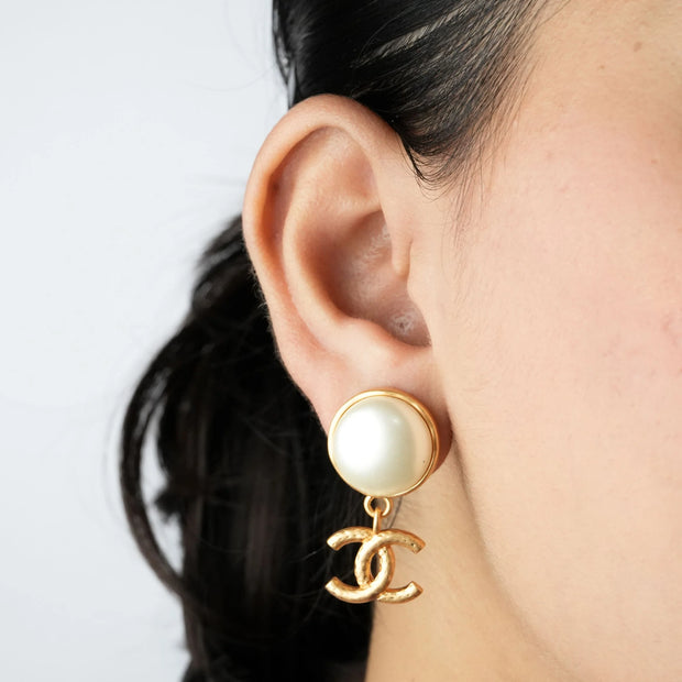 Double C Matt Gold Studs with White Round Pearl | Classic Earrings