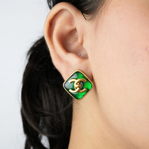 Double C Green Stone Square Studs in Matt Gold | Fashion Earrings