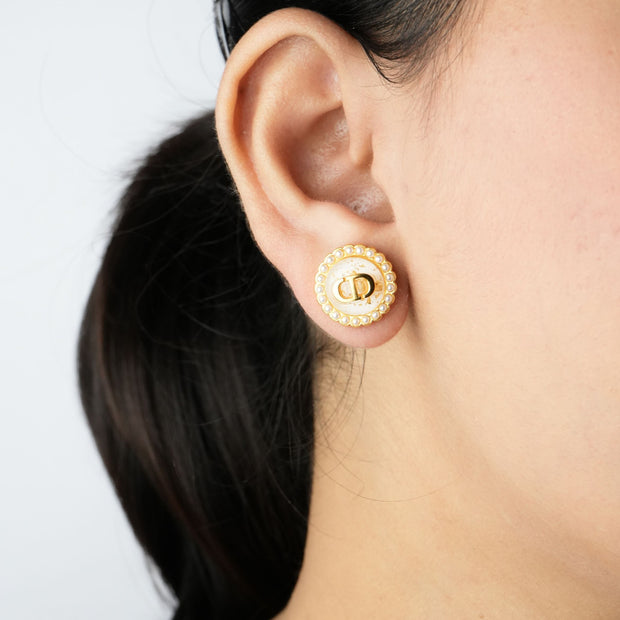 Alphabet CD White Textured Stone Studs with Pearl in Gold | Elegant Earrings