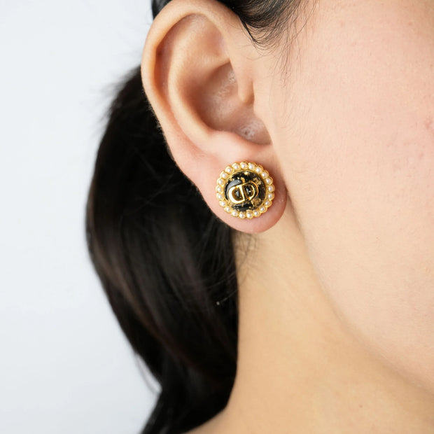 Alphabet CD Black Textured Stone with Pearl in Gold | Designer Studs